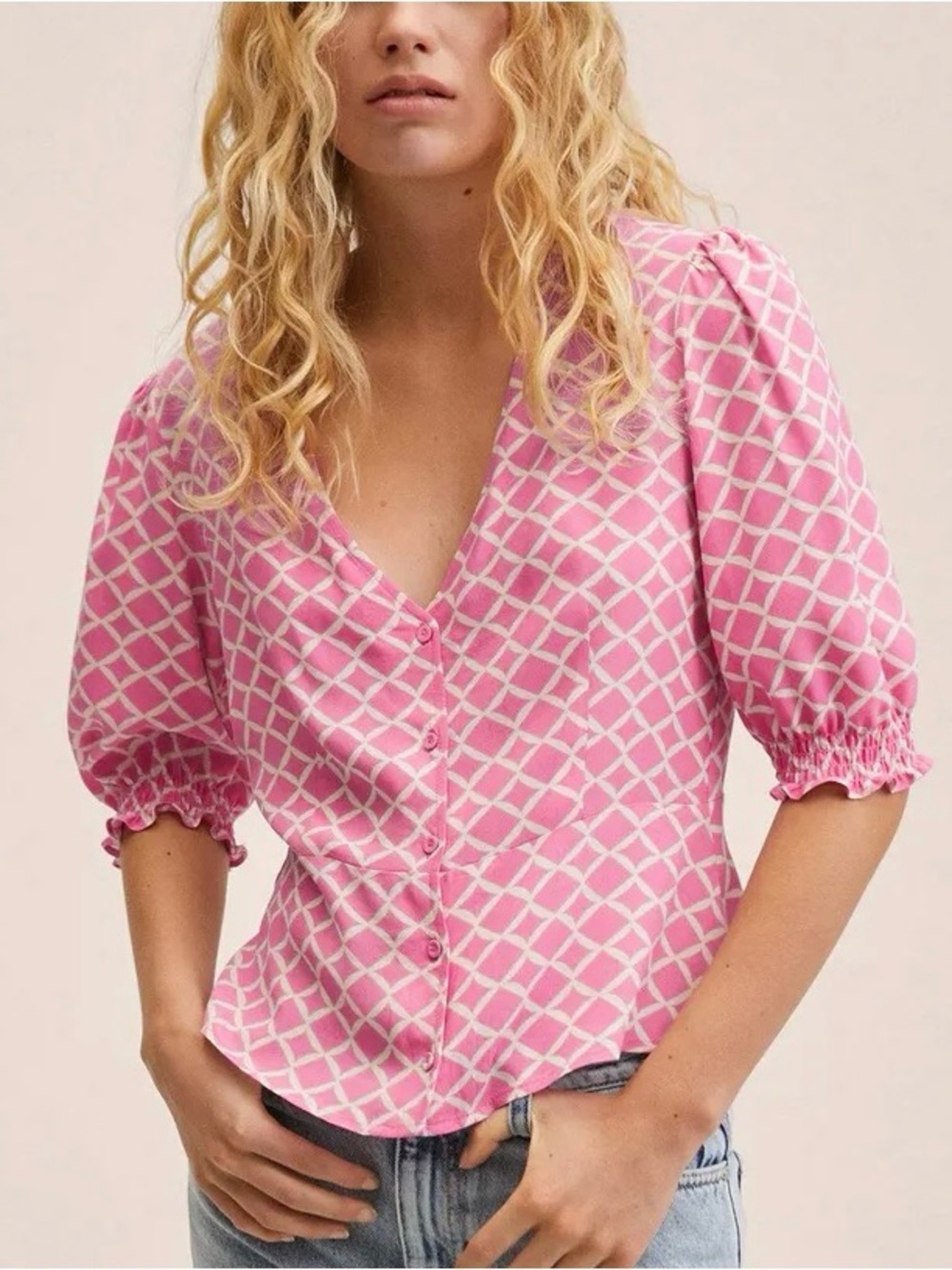 MANGO Pink Beige Geometric Print Peplum Blouse Puff Sleeve V-Neck Size M